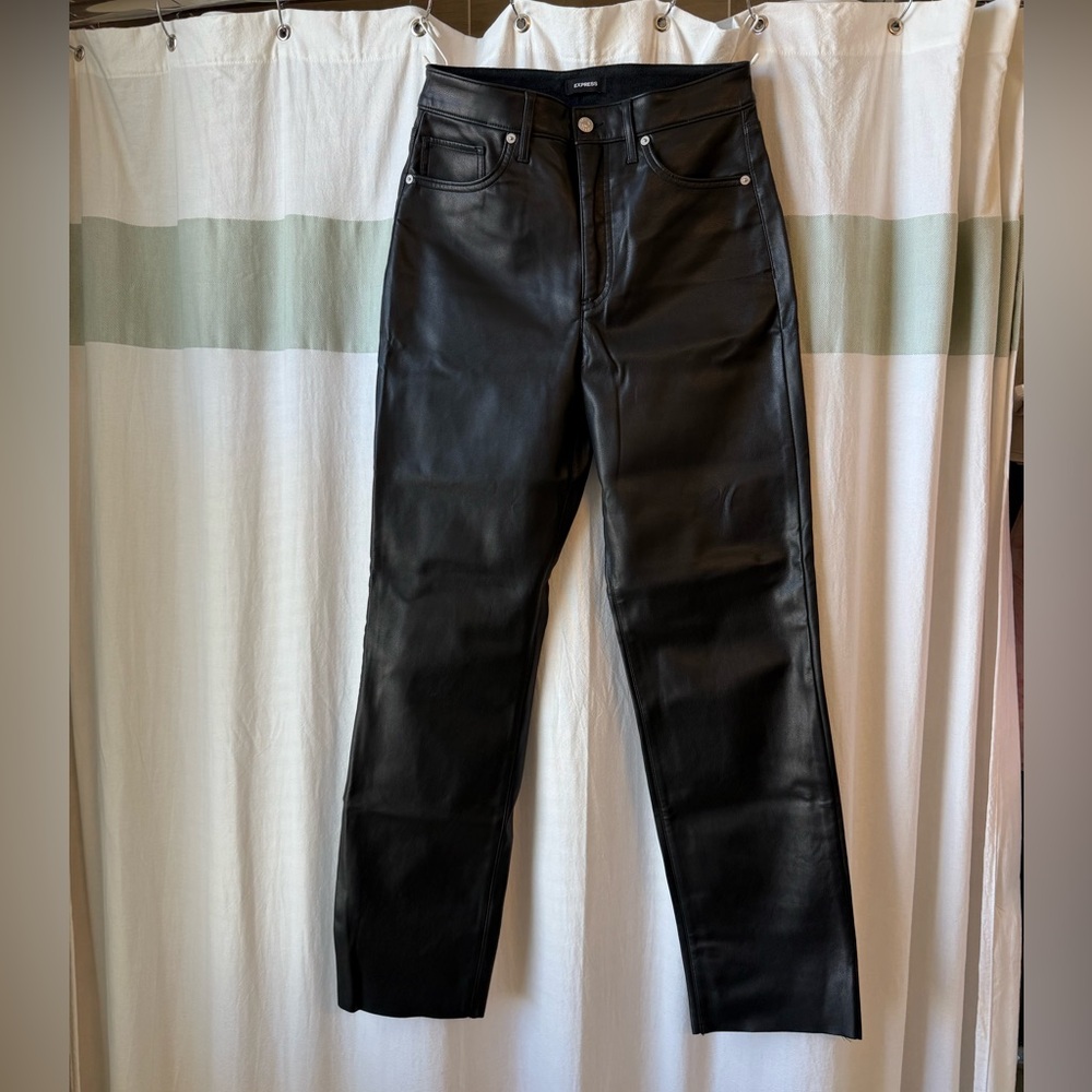 Super High Rise Modern Straight Black Leather Pants from Express